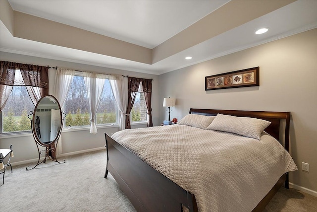 58 Ingram Dr, Troy, MI 48098 - bedroom with light carpet, baseboards, recessed lighting, a raised ceiling, and ornamental molding