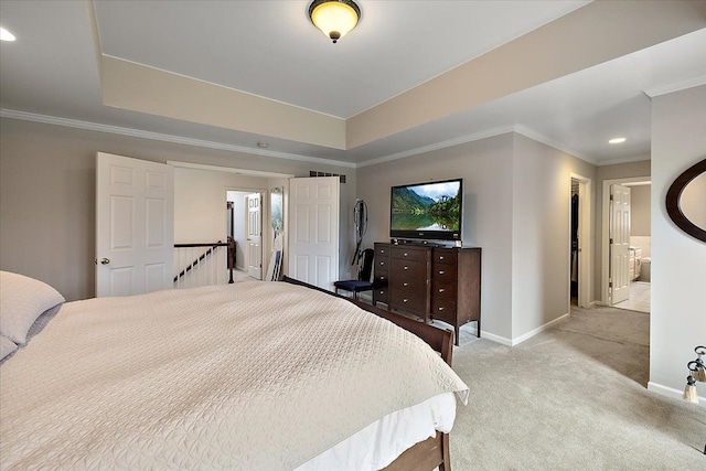 58 Ingram Dr, Troy, MI 48098 - bedroom with baseboards, light carpet, crown molding, recessed lighting, and a tray ceiling