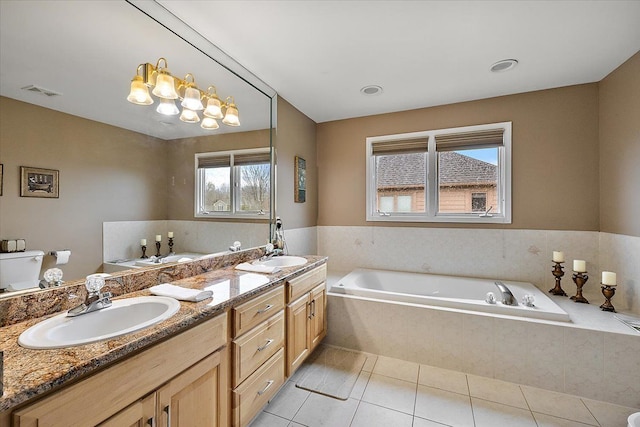 58 Ingram Dr, Troy, MI 48098 - full bath with a bath, tile patterned flooring, double vanity, toilet, and a chandelier