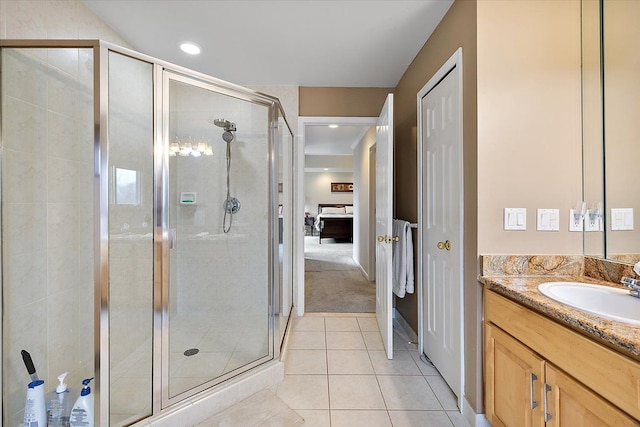 58 Ingram Dr, Troy, MI 48098 - full bath with a stall shower, tile patterned flooring, ensuite bathroom, vanity, and recessed lighting
