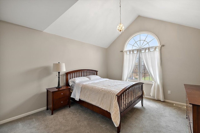 58 Ingram Dr, Troy, MI 48098 - carpeted bedroom featuring lofted ceiling, baseboards, and a chandelier