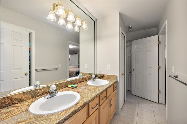 58 Ingram Dr, Troy, MI 48098 - ensuite bathroom with tile patterned floors, double vanity, and a chandelier