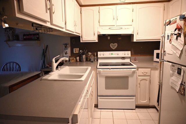 17620 Rudgate St, Southgate, MI 48195 - kitchen featuring white appliances, under cabinet range hood, a sink, light tile patterned floors, and light countertops