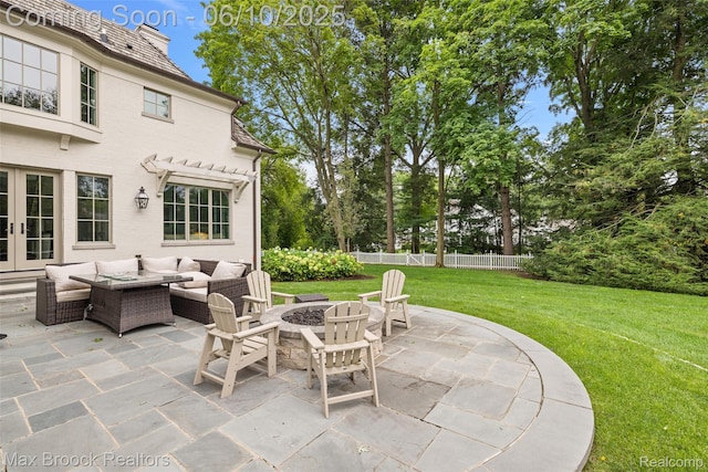 1475 Tottenham Rd, Bloomfield Hills, MI 48301 - view of patio featuring french doors, an outdoor living space with a fire pit, and a pergola