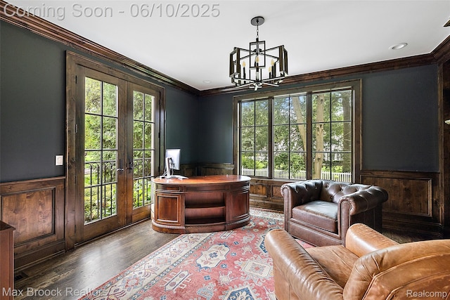 1475 Tottenham Rd, Bloomfield Hills, MI 48301 - office space featuring french doors, a wainscoted wall, healthy amount of natural light, a chandelier, and ornamental molding