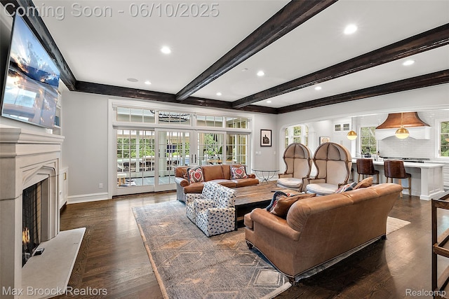 1475 Tottenham Rd, Bloomfield Hills, MI 48301 - living room with a high end fireplace, beam ceiling, dark wood-style floors, baseboards, and recessed lighting