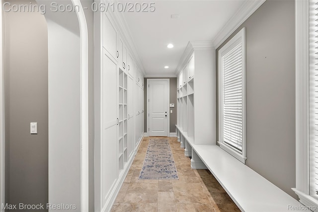 1475 Tottenham Rd, Bloomfield Hills, MI 48301 - mudroom with crown molding, stone finish floors, recessed lighting, and baseboards