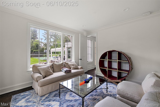 1475 Tottenham Rd, Bloomfield Hills, MI 48301 - living area featuring ornamental molding, baseboards, healthy amount of natural light, and wood finished floors