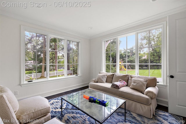 1475 Tottenham Rd, Bloomfield Hills, MI 48301 - living room with crown molding, baseboards, and wood finished floors