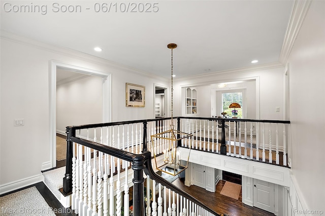 1475 Tottenham Rd, Bloomfield Hills, MI 48301 - corridor with an upstairs landing, crown molding, recessed lighting, baseboards, and dark wood finished floors