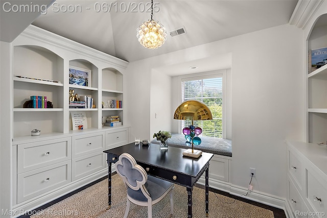 1475 Tottenham Rd, Bloomfield Hills, MI 48301 - office space featuring a chandelier, built in shelves, and vaulted ceiling