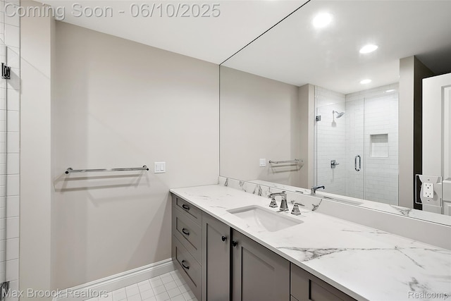 1475 Tottenham Rd, Bloomfield Hills, MI 48301 - bathroom with vanity, a shower stall, baseboards, and recessed lighting