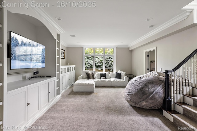 1475 Tottenham Rd, Bloomfield Hills, MI 48301 - carpeted living area featuring ornamental molding and stairway