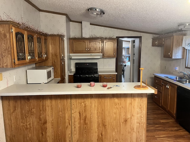3048 Vineland Ave, Burton, MI 48519 - kitchen with black appliances, crown molding, a sink, wallpapered walls, and a textured ceiling