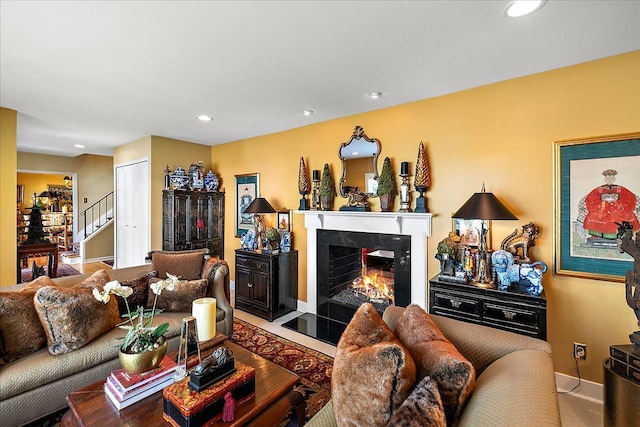 1301 Fairway Dr, Birmingham, MI 48009 - living area featuring stairway, baseboards, a premium fireplace, and recessed lighting