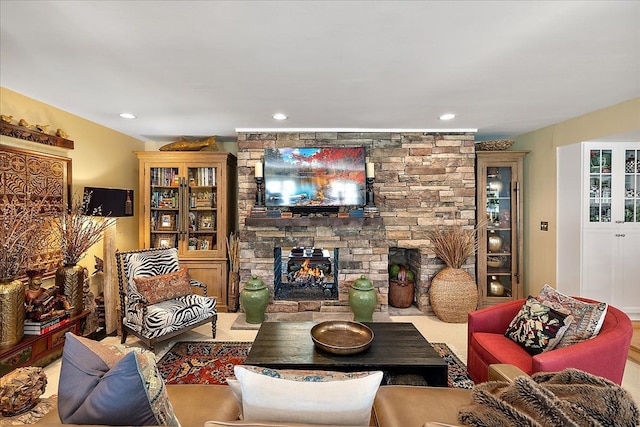 1301 Fairway Dr, Birmingham, MI 48009 - living room with recessed lighting and a stone fireplace