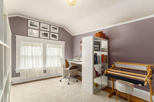 home office with lofted ceiling, crown molding, and carpet floors