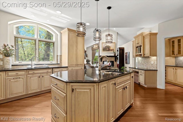 4563 Haverhill, Commerce Twp, MI 48382 - kitchen with a sink, wood finished floors, backsplash, dark stone counters, and lofted ceiling