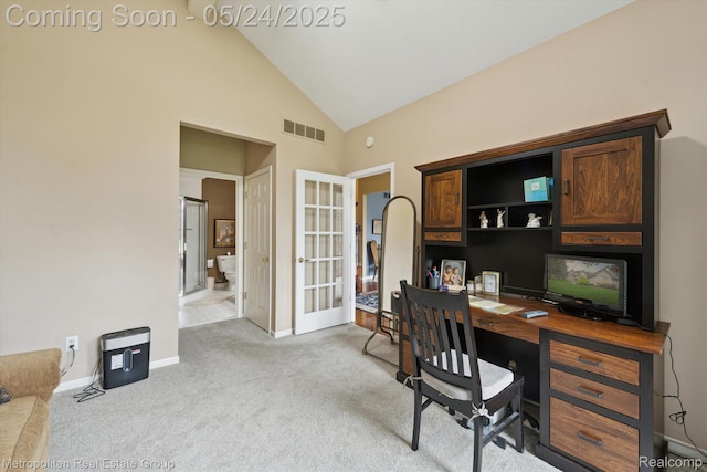 921 Gleneagles, Highland, MI 48357 - office space with light colored carpet, high vaulted ceiling, and baseboards