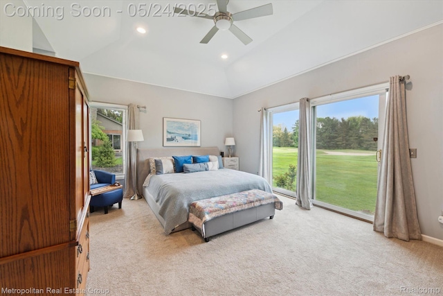 921 Gleneagles, Highland, MI 48357 - carpeted bedroom with lofted ceiling, access to outside, a ceiling fan, and recessed lighting