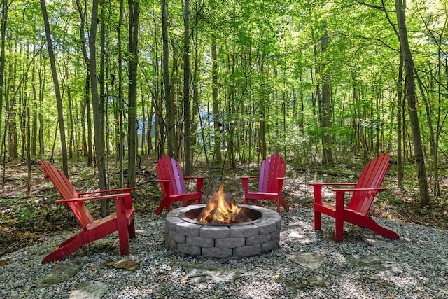 9366 E Locke Rd, Union Pier, MI 49129 - view of yard featuring a fire pit and a view of trees