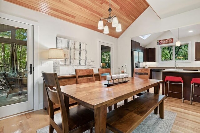 9366 E Locke Rd, Union Pier, MI 49129 - dining space with wood ceiling, a chandelier, lofted ceiling, and light wood-type flooring