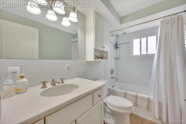 1227 Sycamore Dr, Rochester Hills, MI 48307 - bathroom with shower / tub combo with curtain, toilet, vanity, tile patterned floors, and decorative backsplash