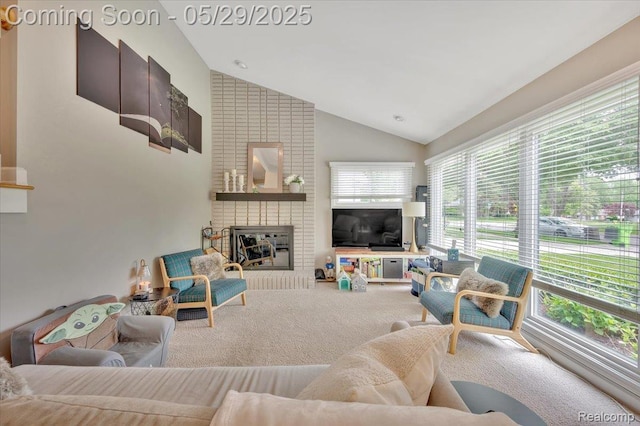 1227 Sycamore Dr, Rochester Hills, MI 48307 - living room featuring carpet flooring, a brick fireplace, and high vaulted ceiling