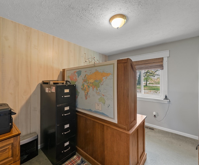 11589 Owosso Rd, Fowlerville, MI 48836 - home office with wooden walls, a textured ceiling, light carpet, and baseboards