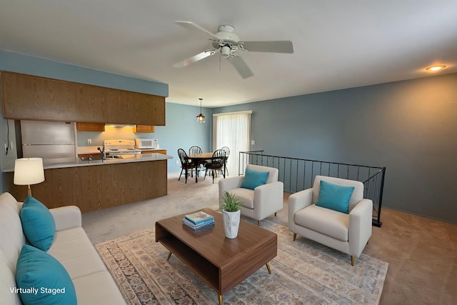 1478 Harbor Dr, Walled Lake, MI 48390 - living room with light carpet and a ceiling fan