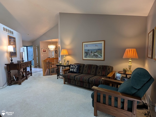 9419 Grandview Ct, Davison, MI 48423 - carpeted living area with vaulted ceiling and a chandelier