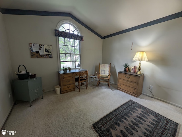 9419 Grandview Ct, Davison, MI 48423 - office featuring light carpet, vaulted ceiling, and baseboards