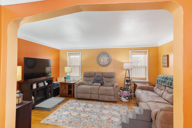 2270 23rd St, Wyandotte, MI 48192 - living room featuring wood finished floors and ornamental molding