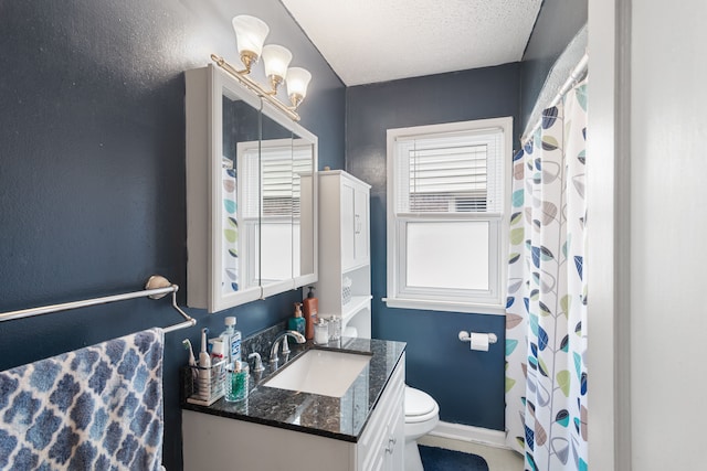 2270 23rd St, Wyandotte, MI 48192 - bathroom featuring toilet, vanity, a shower with shower curtain, and a textured ceiling