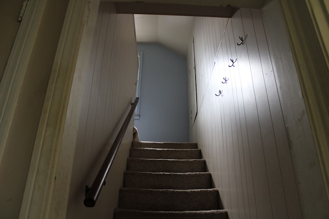 1093 Ford Blvd, Lincoln Park, MI 48146 - stairs featuring wood walls and vaulted ceiling