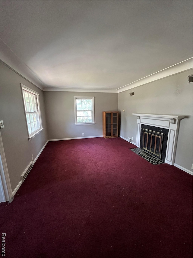 20711 Gaukler St, Saint Clair Shores, MI 48080 - unfurnished living room with a tile fireplace, carpet floors, and crown molding
