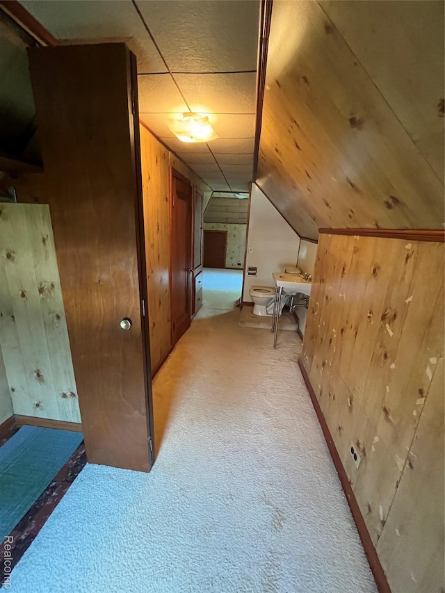 20711 Gaukler St, Saint Clair Shores, MI 48080 - hall with carpet, vaulted ceiling, and wood walls