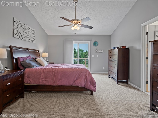 6102 Cherry Ridge Dr, Howell, MI 48855 - bedroom with access to outside, lofted ceiling, a textured ceiling, light carpet, and baseboards