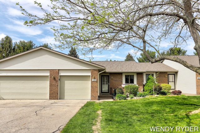 937 Village Ct, Holland, MI 49423 - ranch-style house with brick siding, a garage, a front lawn, concrete driveway, and roof with shingles