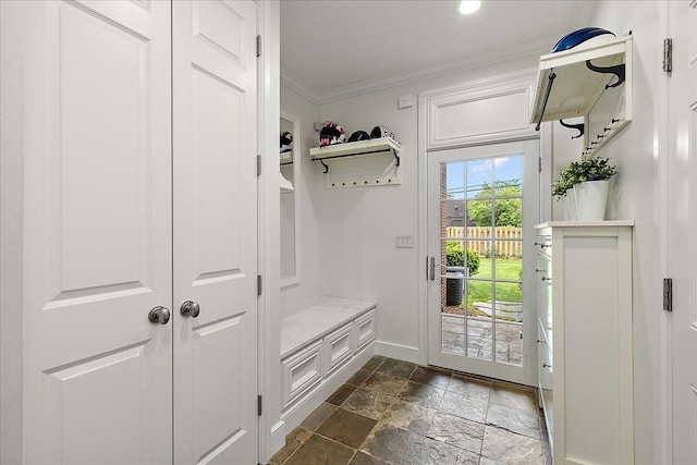 820 Hazel St, Birmingham, MI 48009 - mudroom with ornamental molding, baseboards, stone tile flooring, and recessed lighting