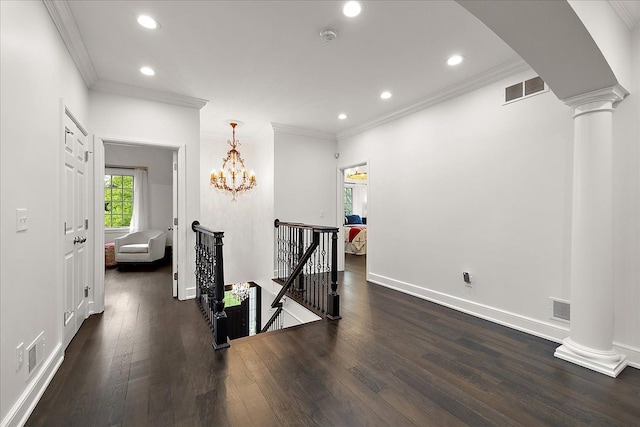 820 Hazel St, Birmingham, MI 48009 - hall featuring an upstairs landing, decorative columns, ornamental molding, wood finished floors, and recessed lighting