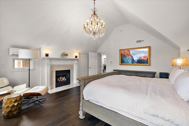 820 Hazel St, Birmingham, MI 48009 - bedroom featuring dark wood-style floors, lofted ceiling, a high end fireplace, and a chandelier