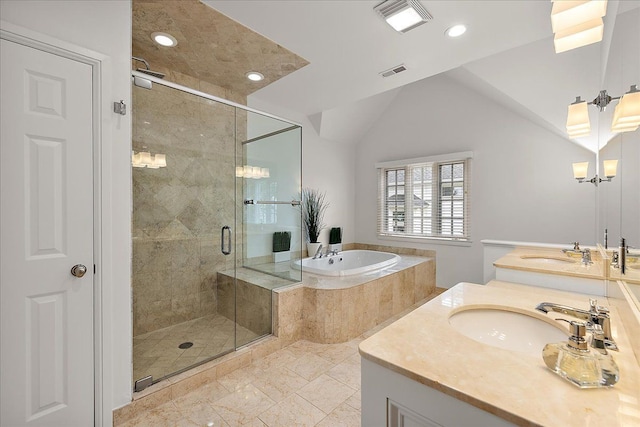 820 Hazel St, Birmingham, MI 48009 - bathroom featuring a bath, a shower stall, vanity, recessed lighting, and lofted ceiling