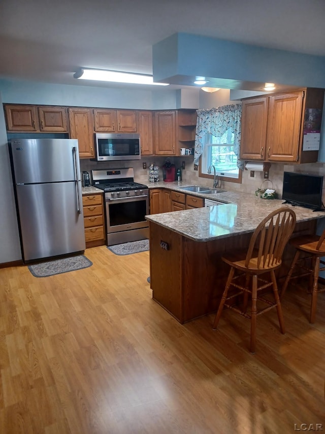 1186 Buckingham Ct, Adrian, MI 49221 - kitchen featuring stainless steel appliances, a sink, a peninsula, and light wood-style floors