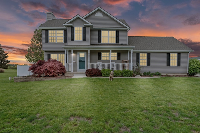 1600 Tuttle Rd, Mason, MI 48854 - traditional home with a porch, a chimney, a lawn, and roof with shingles