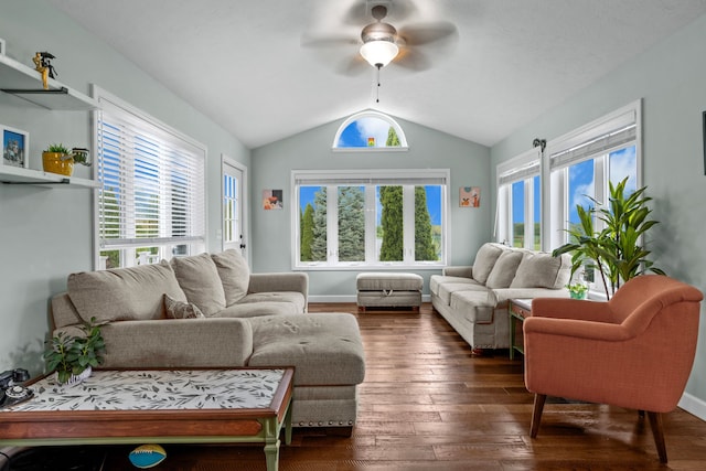1600 Tuttle Rd, Mason, MI 48854 - living room featuring ceiling fan, lofted ceiling, dark wood-type flooring, and healthy amount of natural light