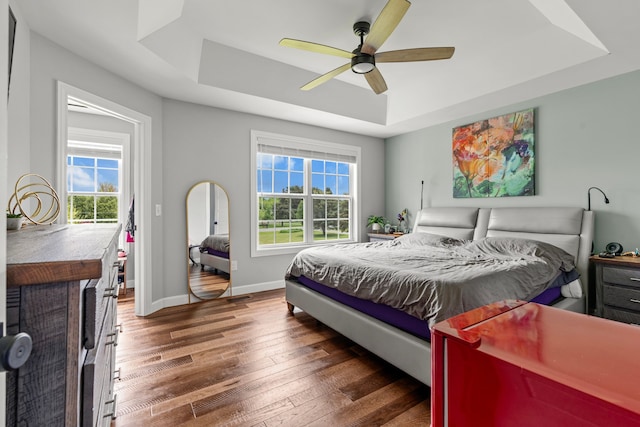 1600 Tuttle Rd, Mason, MI 48854 - bedroom with a tray ceiling, hardwood / wood-style flooring, multiple windows, and baseboards