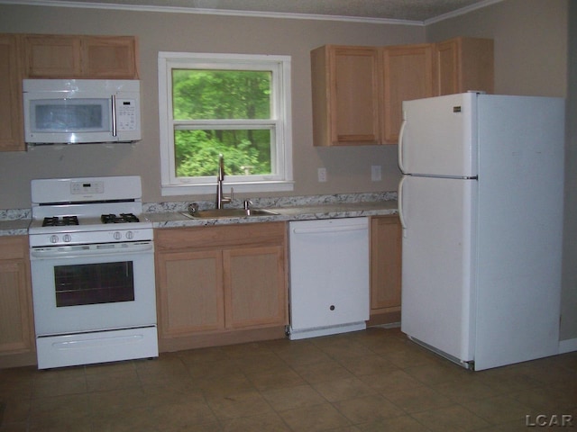 5300 State Rd, Hillsdale, MI 49242 - kitchen featuring white appliances, a sink, crown molding, and light countertops