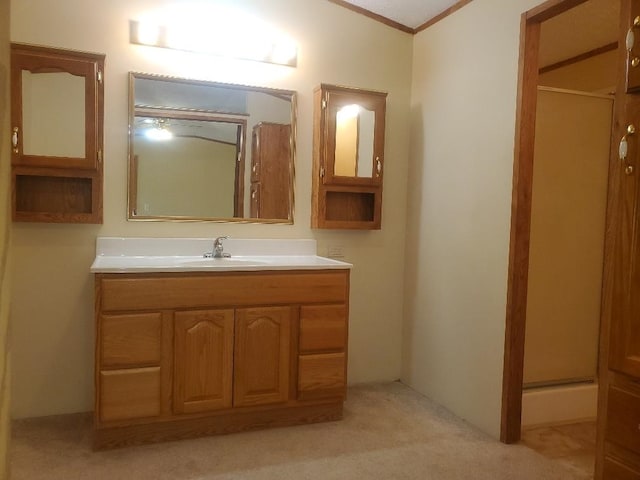 5232 E Broadway, Mount Pleasant, MI 48858 - full bathroom featuring a stall shower, ornamental molding, and vanity