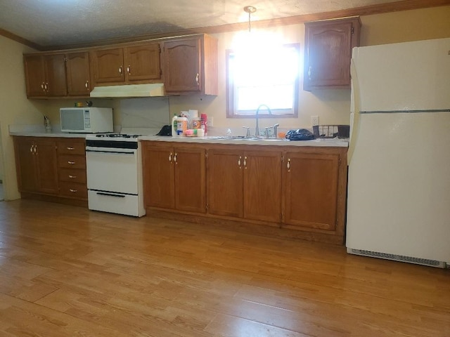 5232 E Broadway, Mount Pleasant, MI 48858 - kitchen featuring white appliances, under cabinet range hood, light wood finished floors, and light countertops